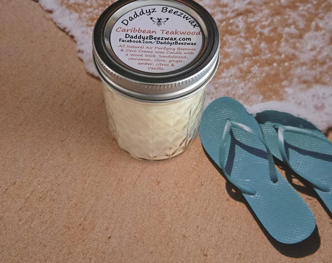 Caribbean Teakwood: 8oz Scented All Natural Beeswax and Coco Creme Wax Candle With a Wood Wick