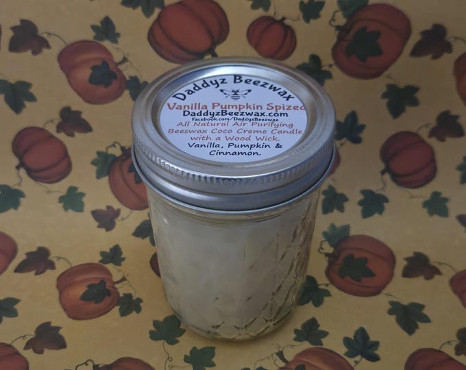 Vanilla Pumpkin Spized: Scented All Natural Air Purifying Beeswax & Organic Soy Wax Candle With a Wood Wick in a 8oz Diamond Cut Mason Jar