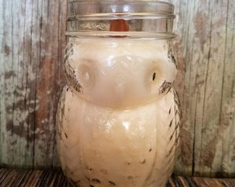 Lavender Vanilla: Scented All Natural Air Purifying Beeswax Coco Creme Candle with Wood Wick in a 15oz Owl Jar with Lid