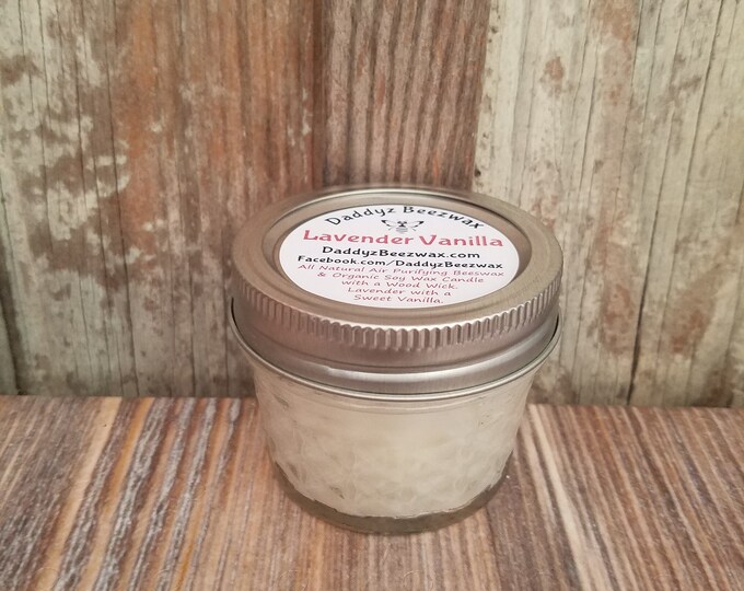 Lavender Vanilla: Scented All Natural Air Purifying Beeswax Coco Creme Candle With a Wood Wick in a 4oz Diamond Cut Mason Jar