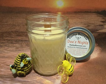 Dee'z Nightz: Scented All Natural Air Purifying Beeswax Coco Creme Candle With a Wood Wick in a 8oz Diamond Cut Mason Jar