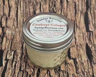 Cowboyz Cologne: Ultra Strong Scented Natural Beeswax Coco Creme Candle With a Wood Wick in 4 oz. Daimond Cut Mason Jar