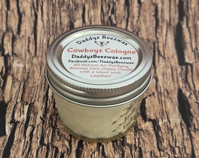 Cowboyz Cologne: Ultra Strong Scented Natural Beeswax Coco Creme Candle With a Wood Wick in 4 oz. Daimond Cut Mason Jar