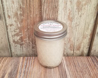 Lavender Vanilla: Scented All Natural Air Purifying Beeswax Coco Creme Candle With a Wood Wick in a 8oz Diamond Cut Mason Jar