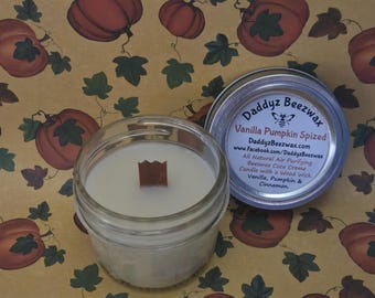 Vanilla Pumpkin Spized: 4 oz Scented ALL Natural Air Purifying Beeswax Coco Creme Candle With a Wood Wick in a Daimond Cut Mason Jar