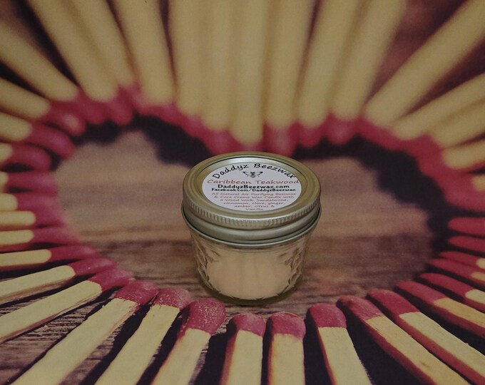 Caribbean Teakwood: 4oz Scented All Natural Air Purifying Beeswax and Coco Creme Wax Candle With a Wood Wick