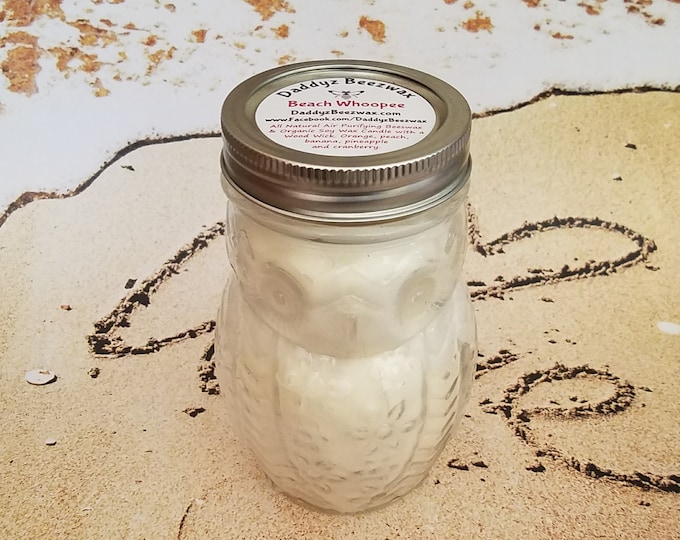 Beach Whoopee: Scented All Natural Beeswax Coco Creme Candle with a Wood Wick in a 15oz Owl Mason Jar