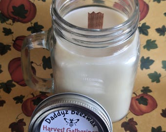 Harvest Gatheringz: 15 oz Scented All Natural Beeswax Coco Creme Candle with Wood Wick in a Mason Jar with a handle and lid
