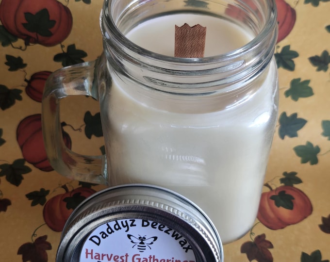 Harvest Gatheringz: 15 oz Scented All Natural Beeswax Coco Creme Candle with Wood Wick in a Mason Jar with a handle and lid