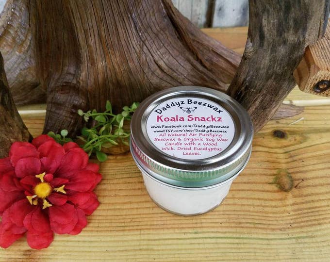 Koala Snackz: 4oz Eucalyptus Scented All Natural Air Purifying Beeswax Coco Crème Candle With a Wood Wick in a Diamond Cut Mason Jar