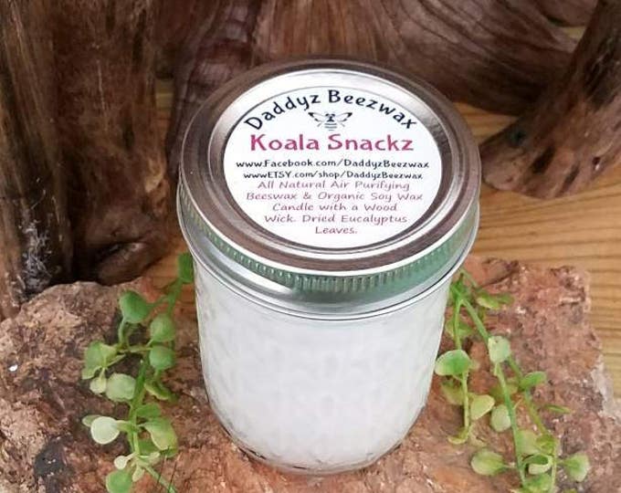 Koala Snackz: 8oz Eucalyptus Scented All Natural Air Purifying Beeswax Coco Crème Candle With a Wood Wick in Diamond Cut Mason Jar