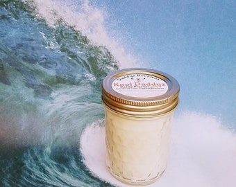 Kool Daddyz: 8oz Scented All Natural Air Purifying Beeswax Coco Creme Candle With a Wood Wick in a Mason Jar