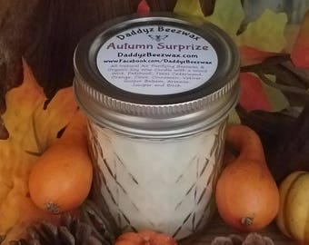 Autumn Surprize: 8oz Scented All Natural Air Purifying Beeswax Coco Creme Candle With a Wood Wick in a Diamond Cut Mason Jar