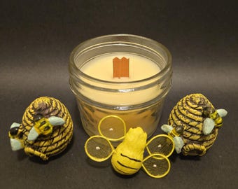 Dee'z Nightz: Scented All Natural Air Purifying Beeswax Coco Creme Candle With a Wood Wick in a 4oz Diamond Cut Mason Jar