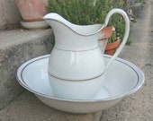 Vintage French enamelware water pitcher and basin. White and gold ewer and bowl.