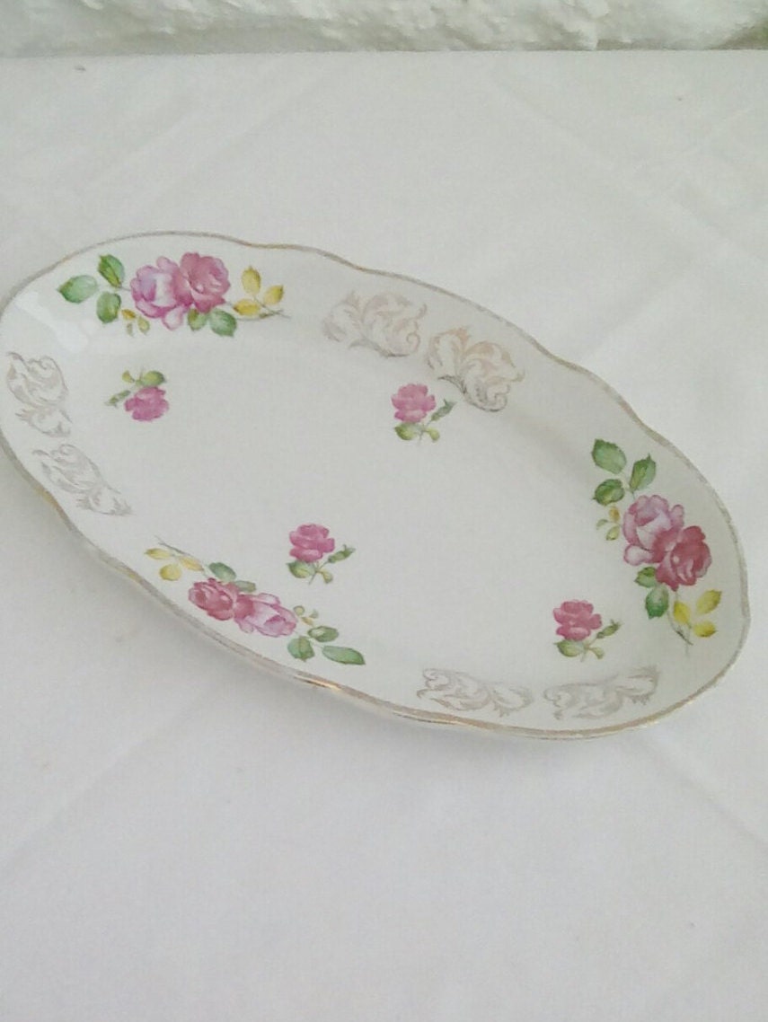 Vintage Français Plat Ovale de Service Faïence, Motif Rose Luneville