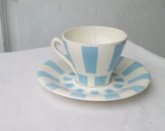 French vintage coffee cup and saucer, turquoise check pattern.
