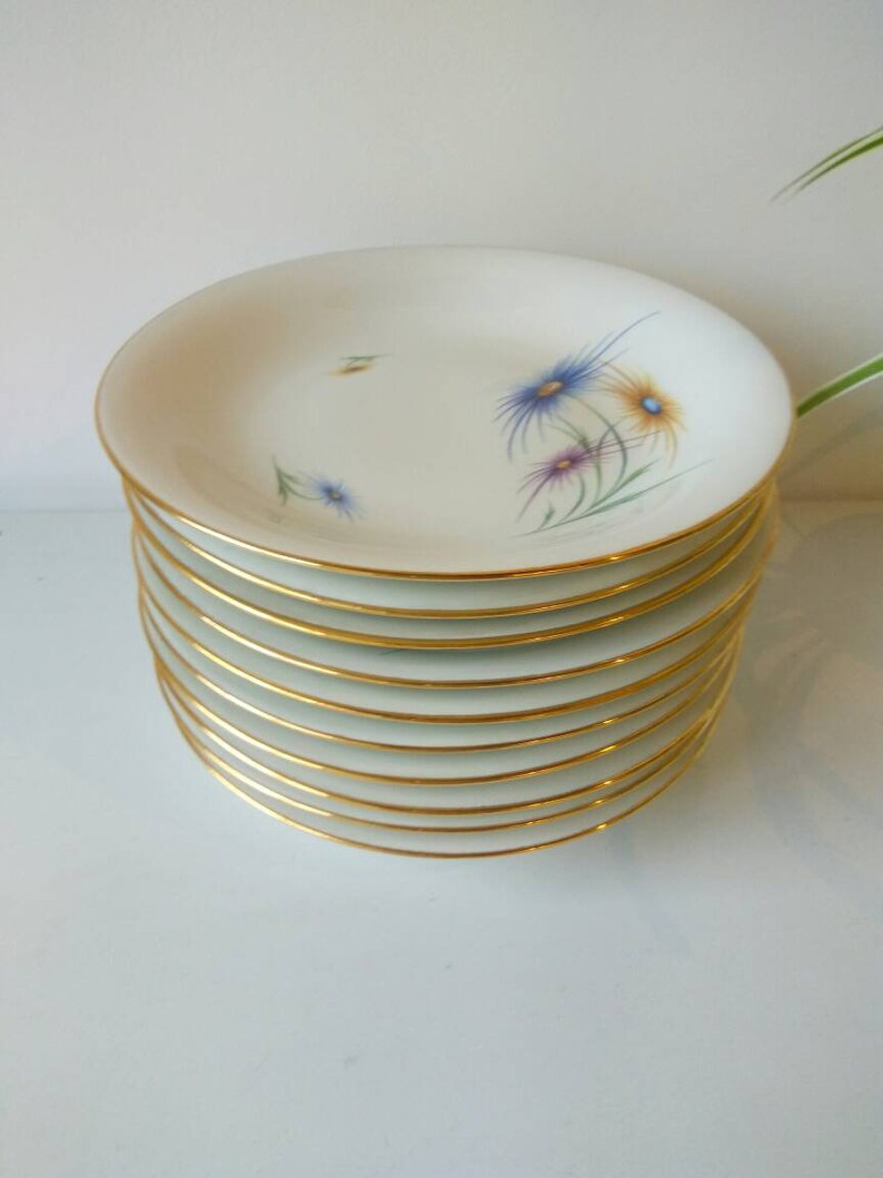 Mid century modern French Limoges porcelain soup Shallow dessert or pasta bowl stylish gold rimmed.