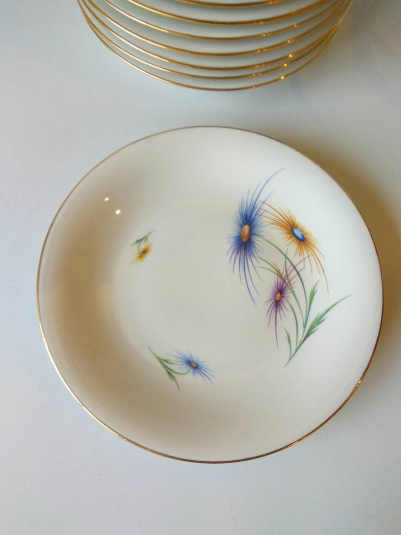Mid century modern French Limoges porcelain soup Shallow dessert or pasta bowl stylish gold rimmed.