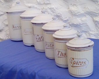 French vintage enamel storage jars, complete set of 6.