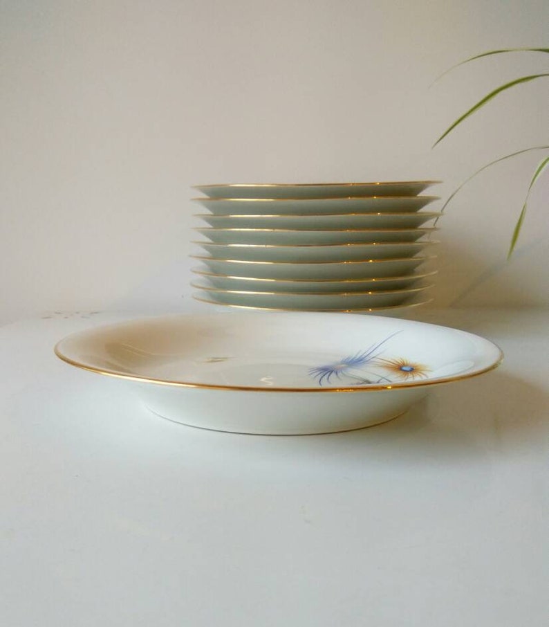 Mid century modern French Limoges porcelain soup Shallow dessert or pasta bowl stylish gold rimmed.