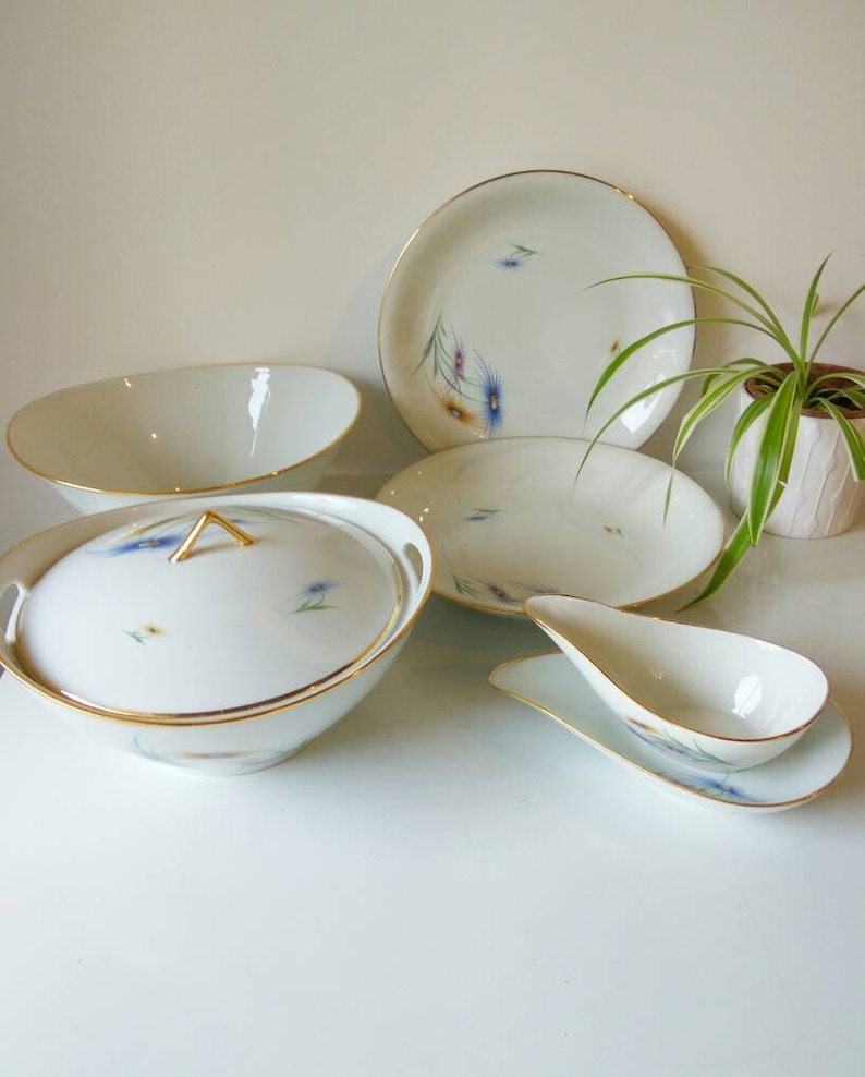 Mid century modern French Limoges porcelain soup Shallow dessert or pasta bowl stylish gold rimmed.