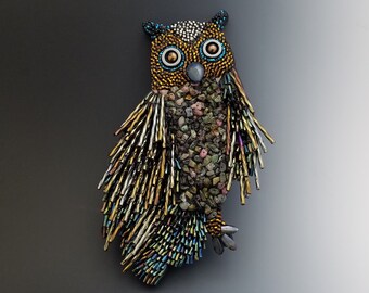 Beaded Mosaic Wall Hanging - Beaded Wooden Owl - Wisdom Energy - Protection - Small Wall Mosaic - One of a Kind - Unique Wall Mosaic