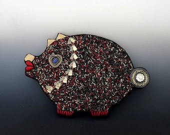 Beaded Mosaic Pig-Mixed Media Mosaic-Carved Mother of Pearl-Fused Glass-Vintage Jewelry-Unique Pig-Love Pig-Heart Art-Valentine Gift Idea