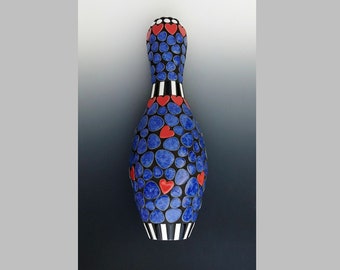 Mosaic Bowling Pin-Bowling Pin With Hearts-Bowler Gift Idea-Valentines Gift-Ceramic And Glass Mosaic-One of a Kind-Bowling Prize