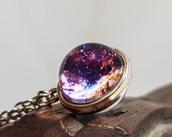 Universe necklace pendant, Purple nebula Sky galaxy Double sided hemisphere outer space cosmic Space Solar system jewelry Unique Small tiny