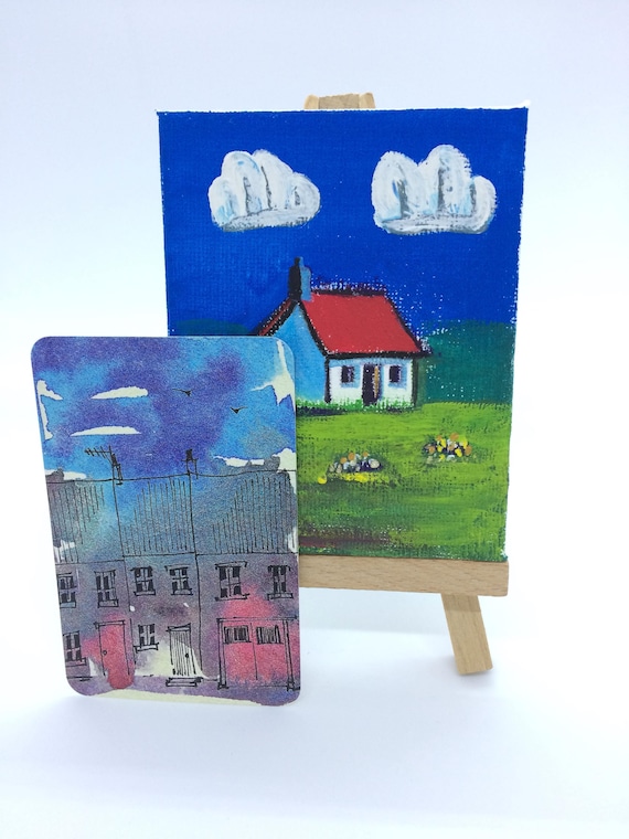 Red Roof. Mini Canvas and Easel, Gouache and Liquid Metal Acrylic. 