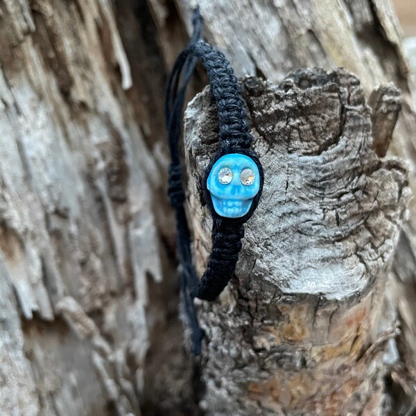 BLACK HEMP bracelet with blue skull bead with rhinestone eyes