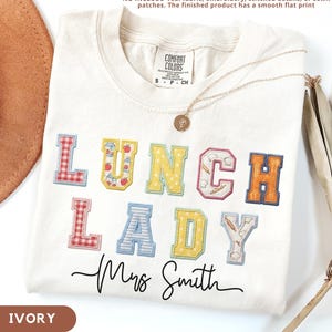 Custom Lunch Lady Shirt with faux patchwork, Personalized Cafeteria Worker Tee, School Cafeteria Staff tee, funny cafeteria manager gift