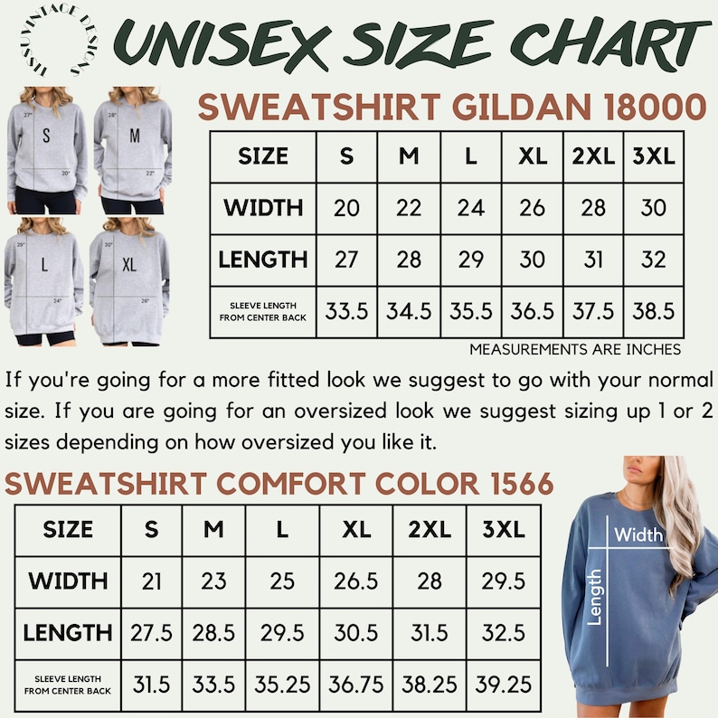 May include: A unisex size chart for Gildan 18000 and Comfort Color 1566 sweatshirts. The chart displays width, length, and sleeve length measurements in inches for sizes S through 3XL, accompanied by visual examples of the fit on models.