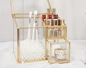 Personalized Glass Makeup Brush Lipstick Holder Organizer, Elegant Glass Comestic box , plastic pearls acrylic lipstick divider included
