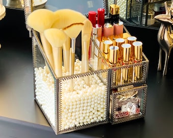Silver Personalized  Glass Comestic Organizer , Makeup Brush Holder, plastic pearls & acrylic lipstick divider included
