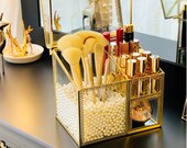 Personalized gift for her Elegant Glass Makeup Comestic Organizer , Makeup Brush Holder, plastic pearls acrylic lipstick divider included