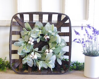 Whitewashed Tobacco Basket with Lavender Wreath Lavender Wreath Tobacco Basket with Wreath