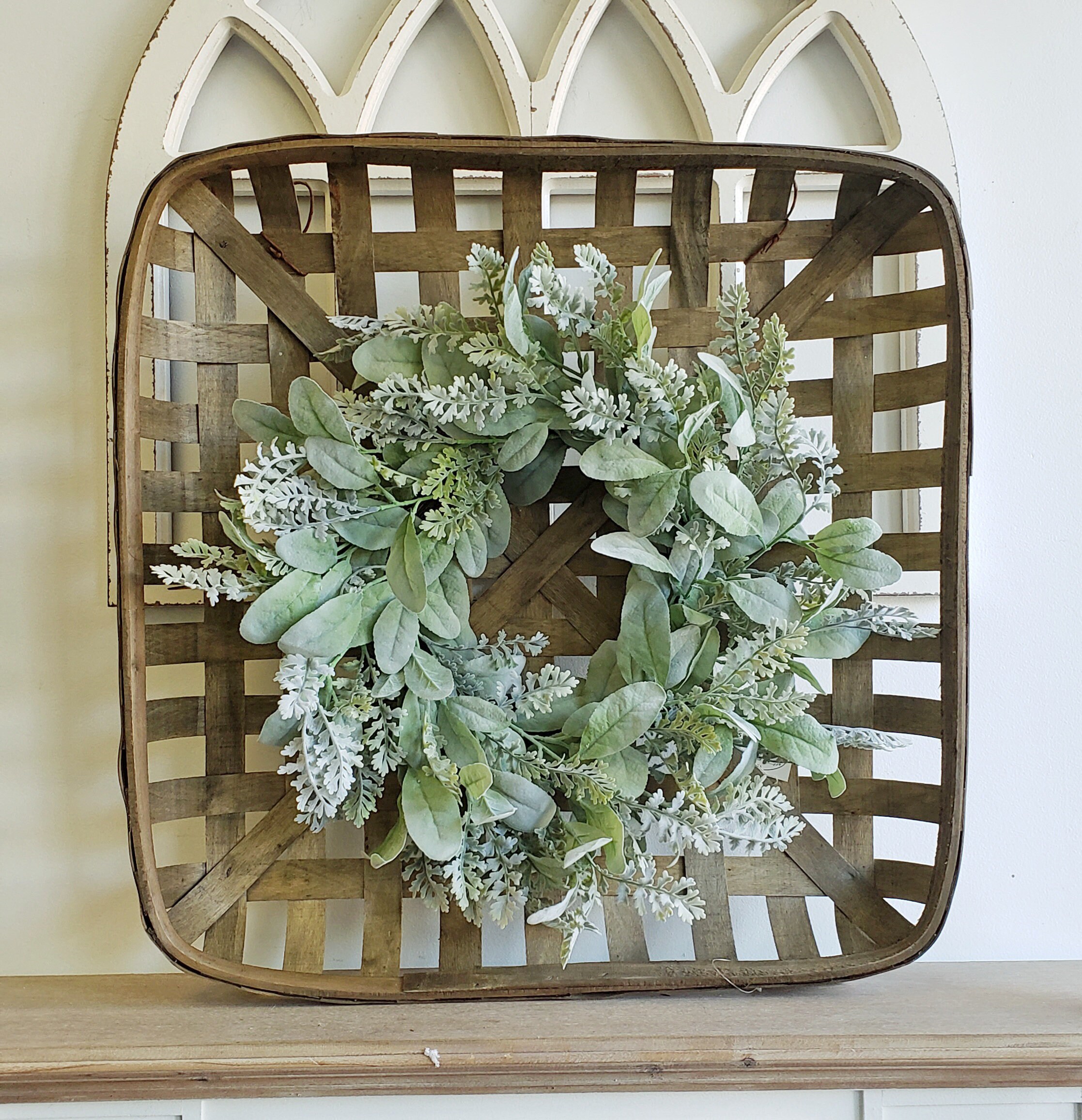 Tobacco Basket With Lambs Ear /dusty Miller Wreath Wall Décor Etsy