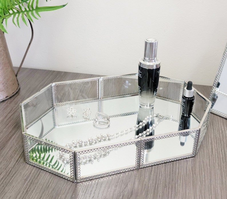 Glass Mirrored Vanity Tray With Trim 12w Gold Etsy