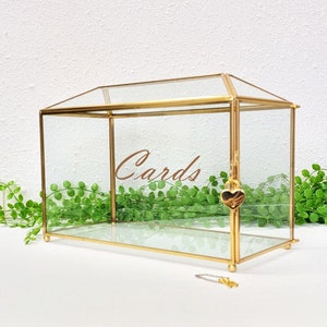 Personalized Glass Card Box Terrarium with Heart Lock,for Wedding Reception Wishwell, Gold / Black