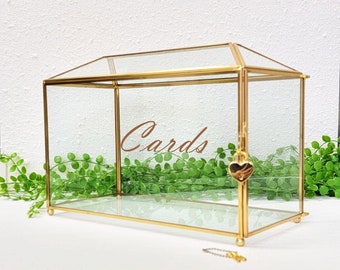 Personalized Glass Card Box Terrarium with Heart Lock,for Wedding Reception Wishwell, Gold / Black