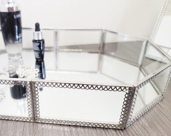 Personalized name Vanity Tray, Silver 12"W Glass & Mirror Vanity Decorative Tray for makeup jewelry organizers