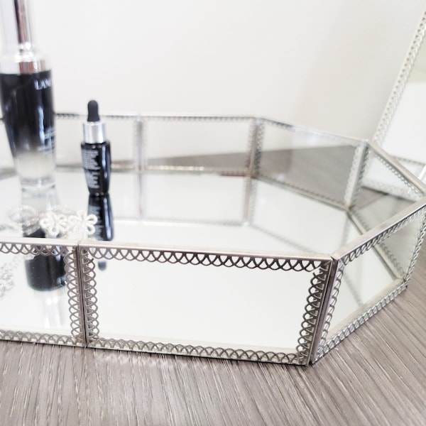 Personalized name Vanity Tray, Silver 12"W Glass & Mirror Vanity Decorative Tray for makeup jewelry organizers