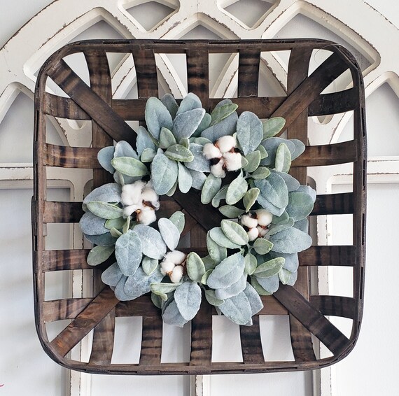 White Wash Painted Tobacco Basket with Lambs Ear Wreath. Home Décor