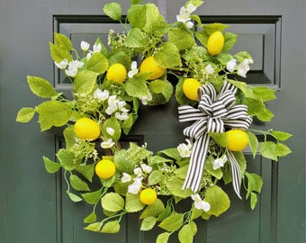 Lemon Wreath Mixed Seeds and Flower with bow for front door, spring summer