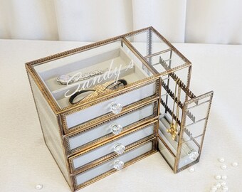 Glass Jewelry Box w/ Iron Gold Motif Vintage Style 