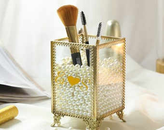 Personalized Brush Holder, 1lb plastic pearls included,gift for her Elegant Glass Makeup Comestic Organizer ,  pen holder,