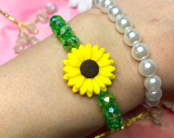 Sunflower Bracelet Green Strung Stacking Jewellery Chunky Detail