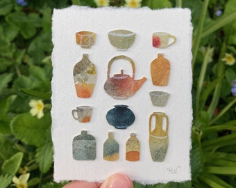 Pottery Collages - handmade watercolour collage artworks